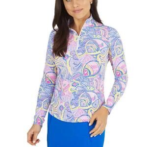 IBKUL Mariel Blue Pink Multi Long Sleeve Mock Golf 1/4 Zip Shirt Size XS Casual